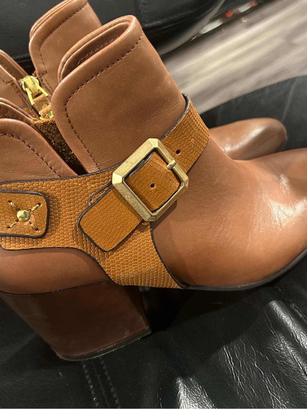 Naked Feet Tan Leather Block Heel Ankle Boots with Gold Buckle